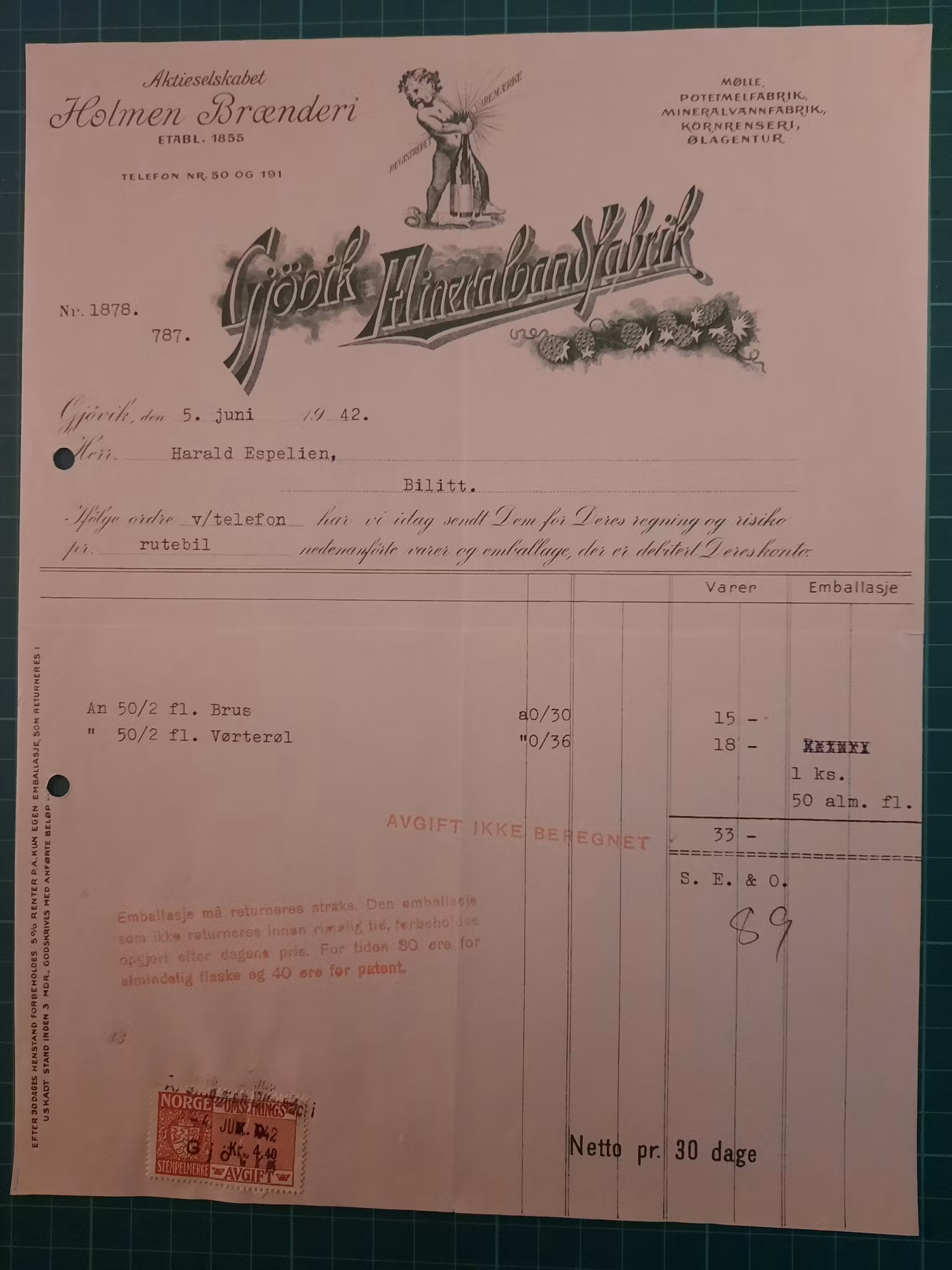 Faktura Gjøvik Mineralvandfabrik 1942 m/omsetningsmerker