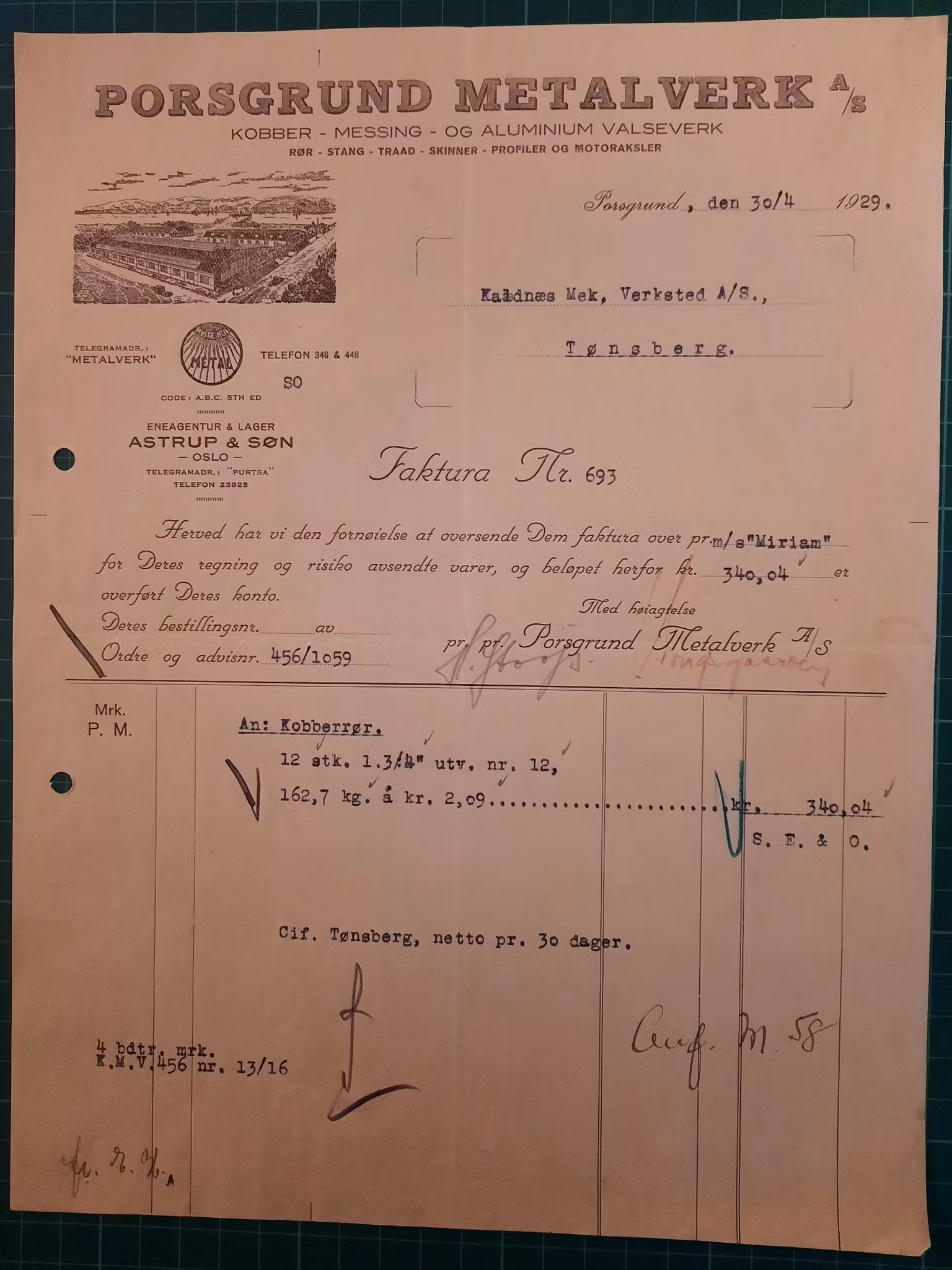 Faktura Porsgrund metalverk 1929