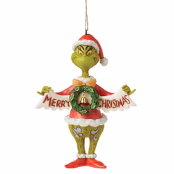Grinch Holding Merry Christmas Banner (Hanging Ornament)