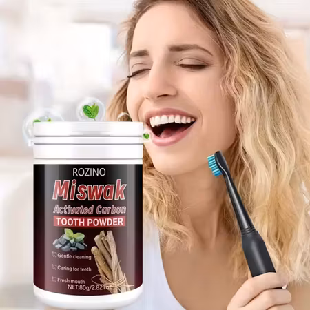Naturligt tandpulver med aktivt kol och miswak – Djuprengöring, naturlig tandblekning och frisk andedräkt hela dagen