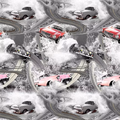 Trikåtyg Bilbana med gamla bilar