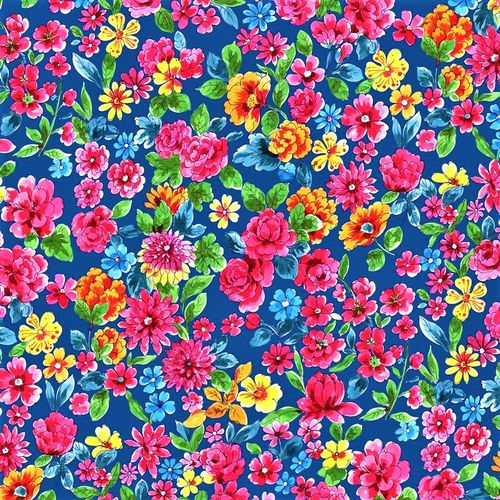 Trikåtyg målade blommor på blå botten