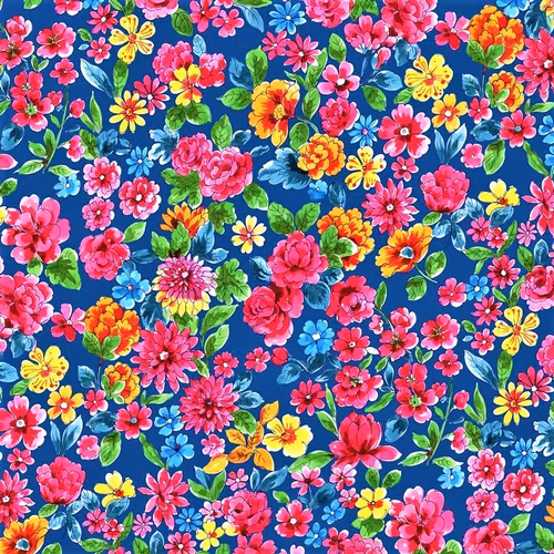Trikåtyg målade blommor på blå botten