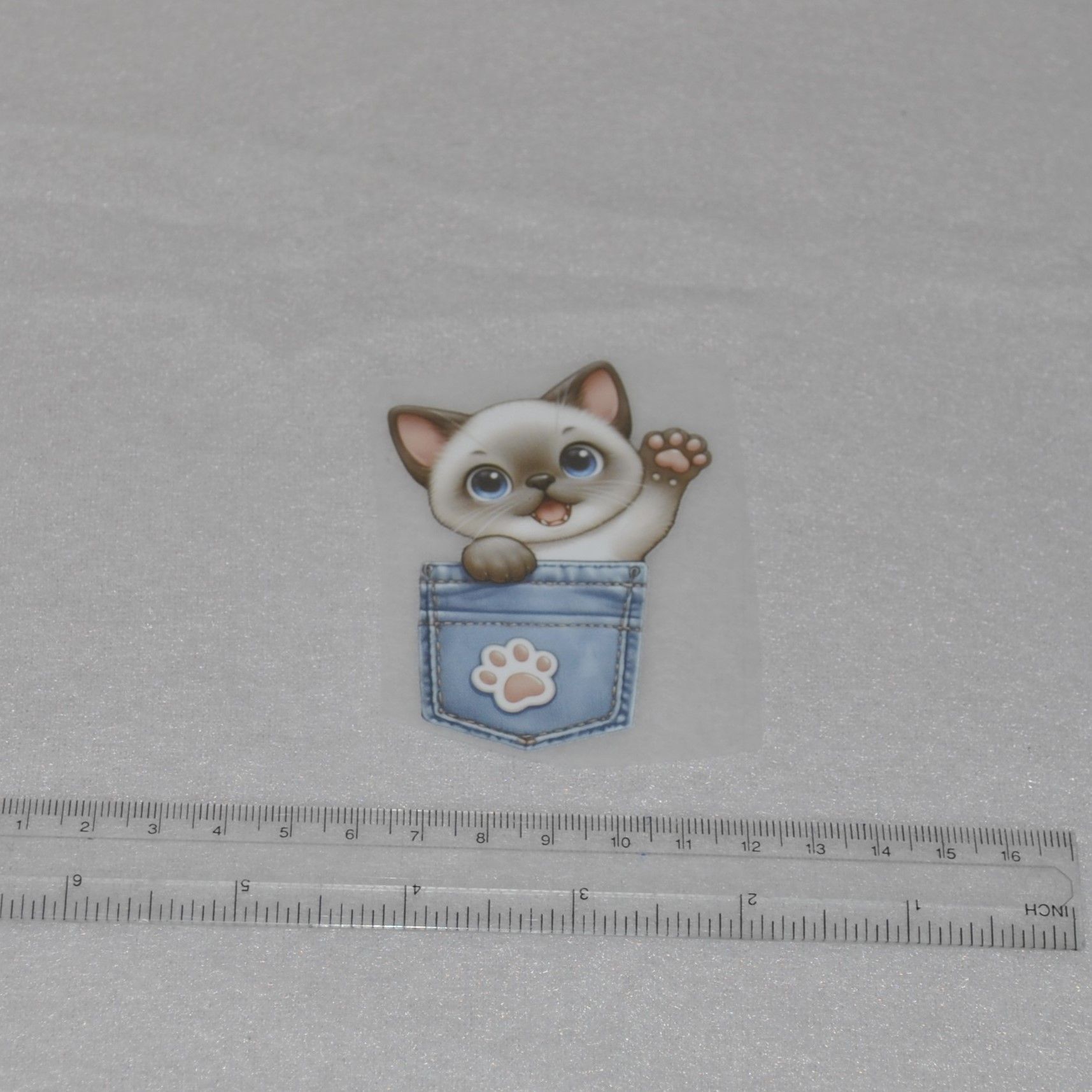 Vinyltryck Katt i jeansficka ca 5 x 8 cm