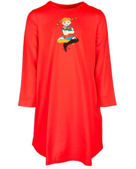 Ett mjukt och skönt nattlinne i knallrött, med ett rubbertryck av Pippi Långstrump framtill.