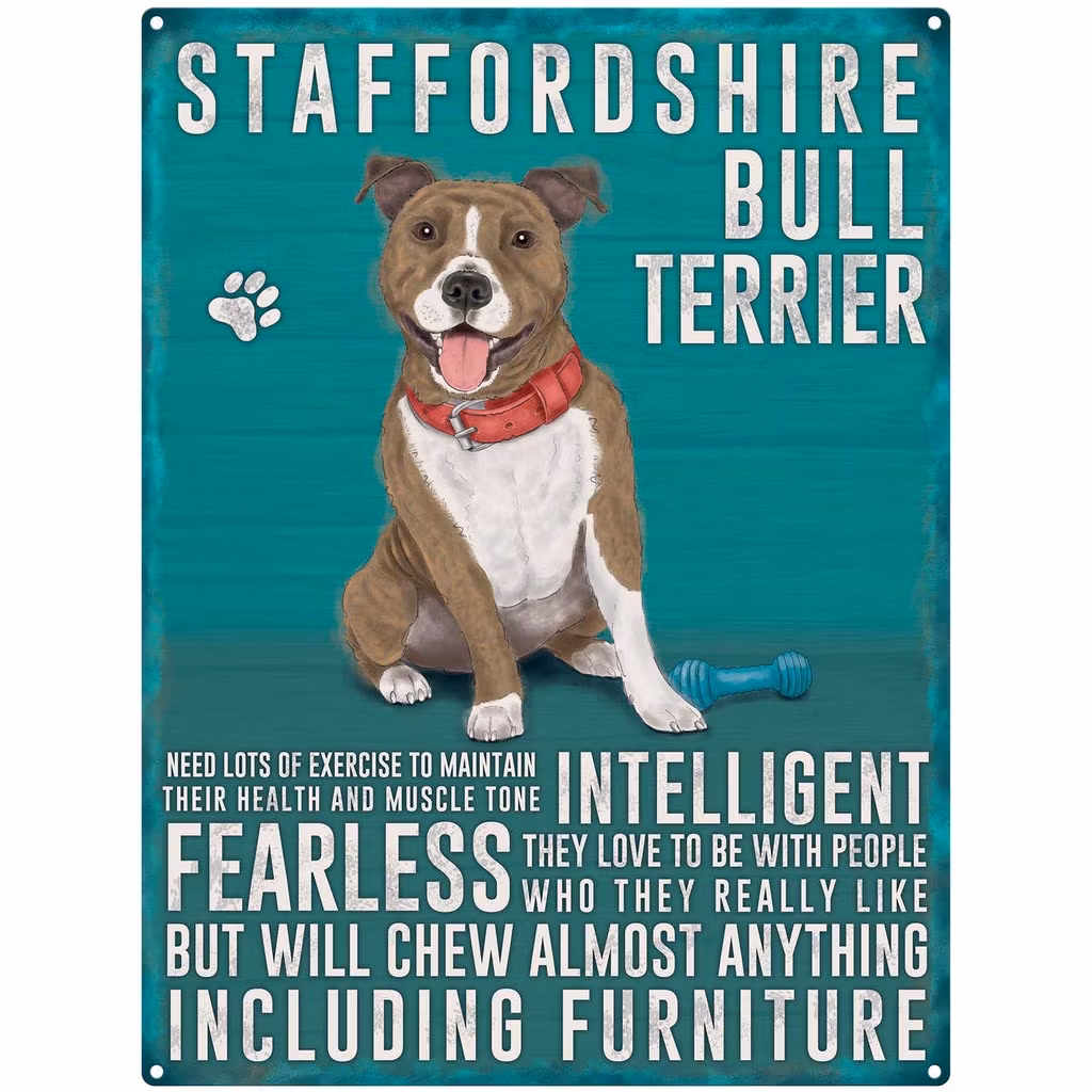 Skylt, metall – Staffordshire bullterrier