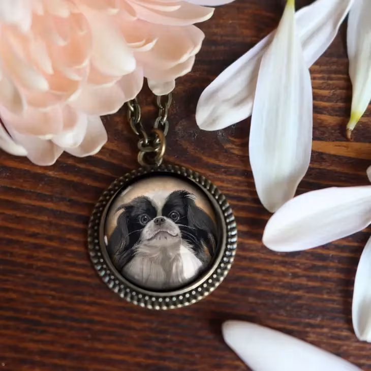 Bild av ett smycket med en japanese chin