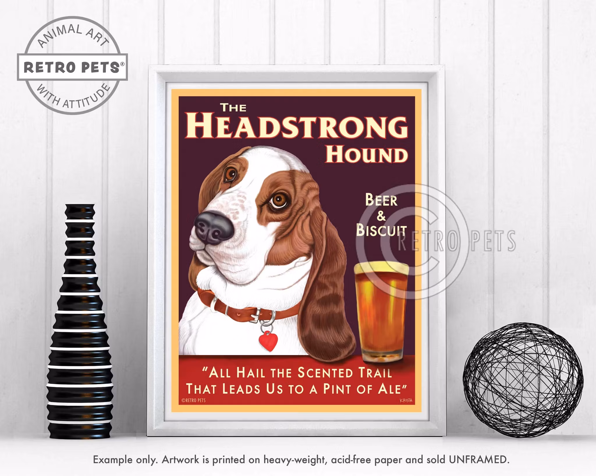 Konsttryck Krista Brooks, The Headstrong Hound – Basset hound, vit/brun enfärgad
