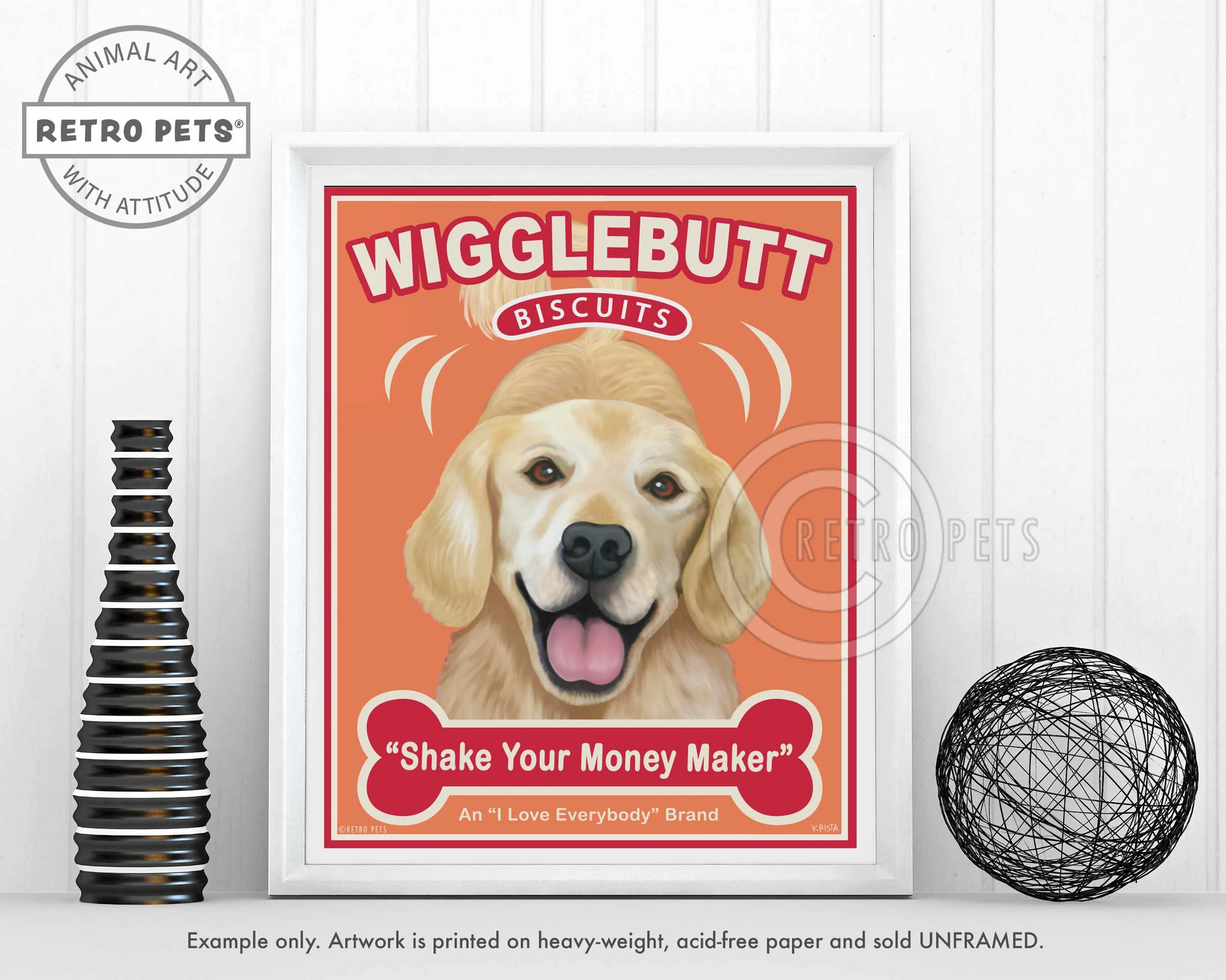 Konsttryck Krista Brooks, Wigglebutt Golden – Golden retriever