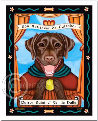 Konsttryck Krista Brooks, Patron Saint Of Tennis Balls – Labrador retriever, choklad