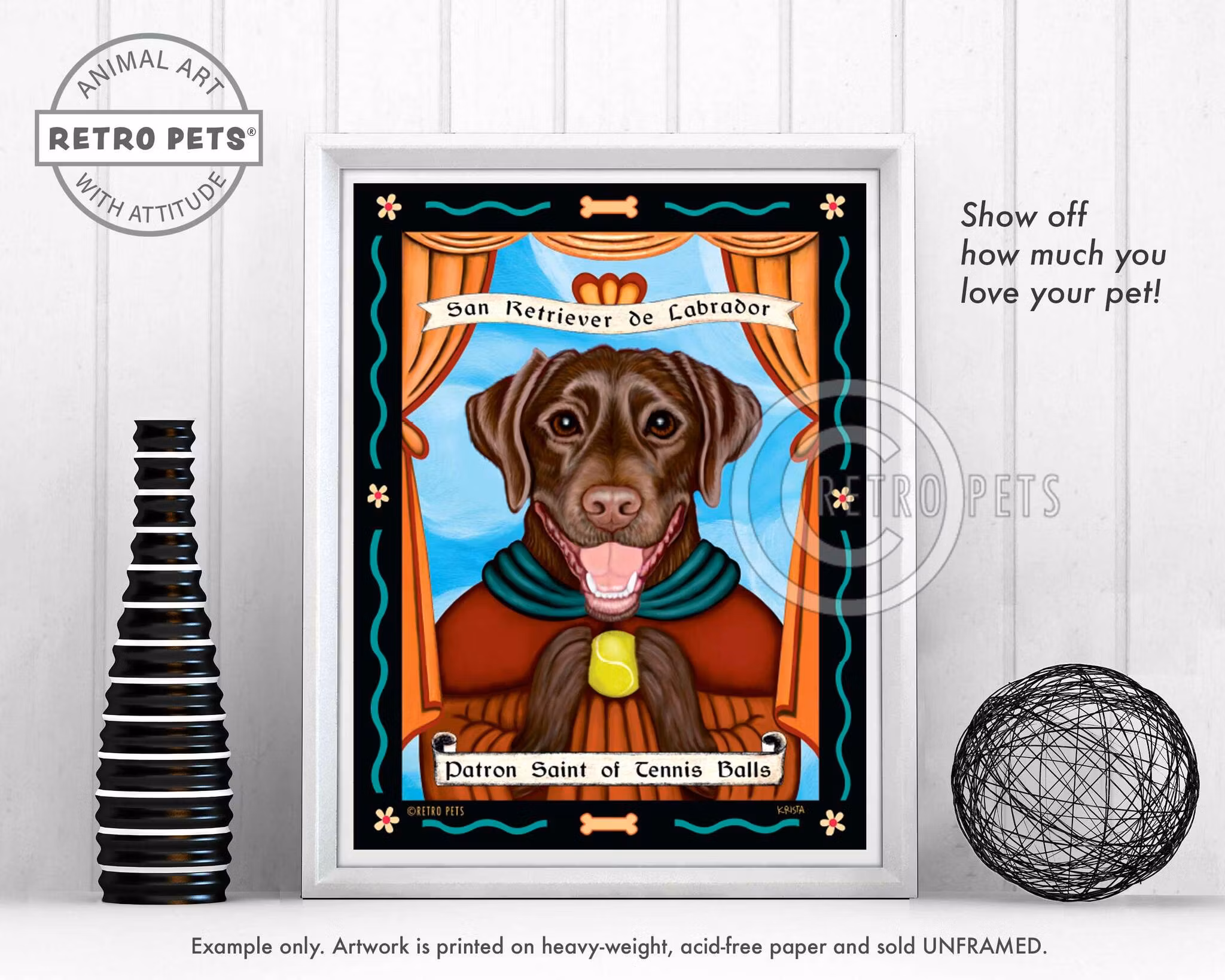 Konsttryck Krista Brooks, Patron Saint Of Tennis Balls – Labrador retriever, choklad