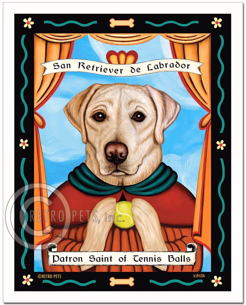 Konsttryck Krista Brooks, Patron Saint Of Tennis Balls – Labrador retriever, gul