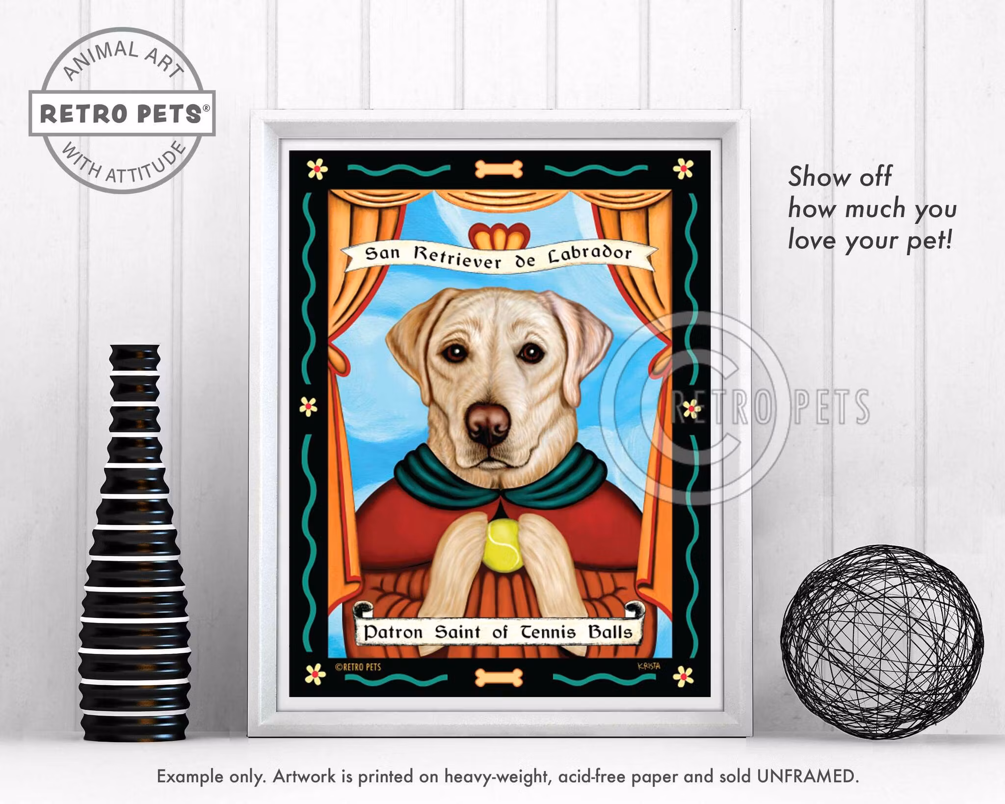 Konsttryck Krista Brooks, Patron Saint Of Tennis Balls – Labrador retriever, gul