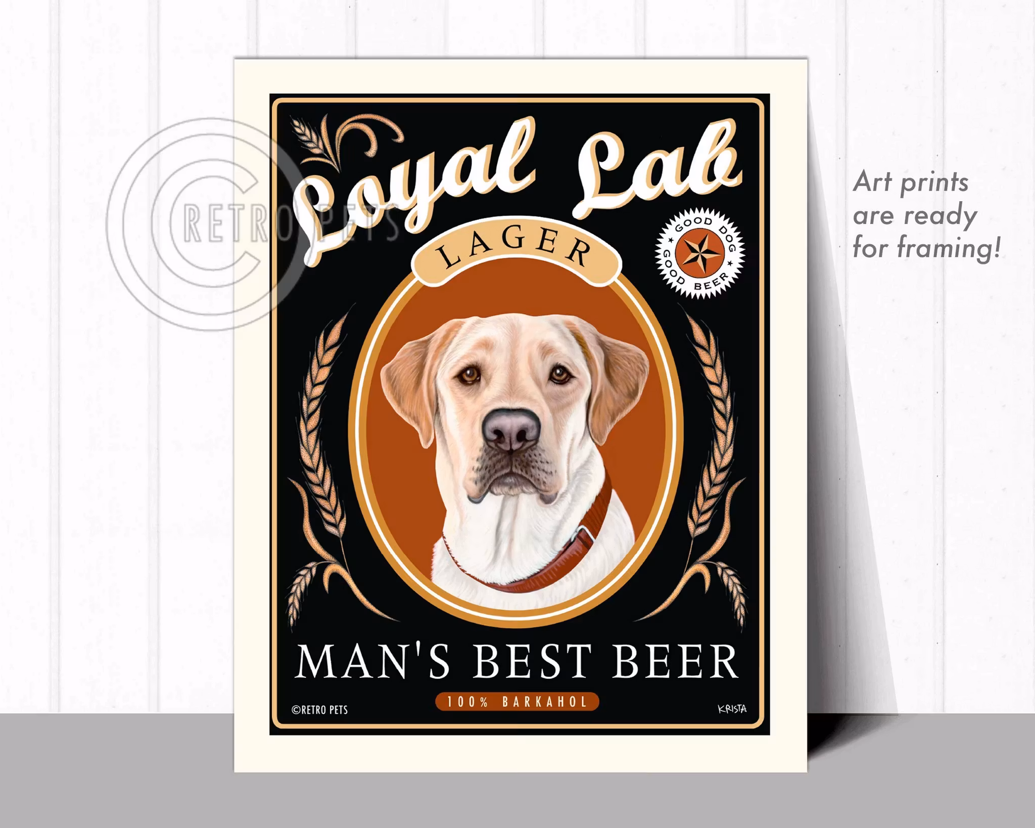 Konsttryck Krista Brooks, Man's Best Beer – Labrador retriever, gul