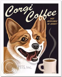 Konsttryck Krista Brooks, Corgi Coffee – Welsh corgi