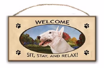 Skylt, Welcome – Bullterrier