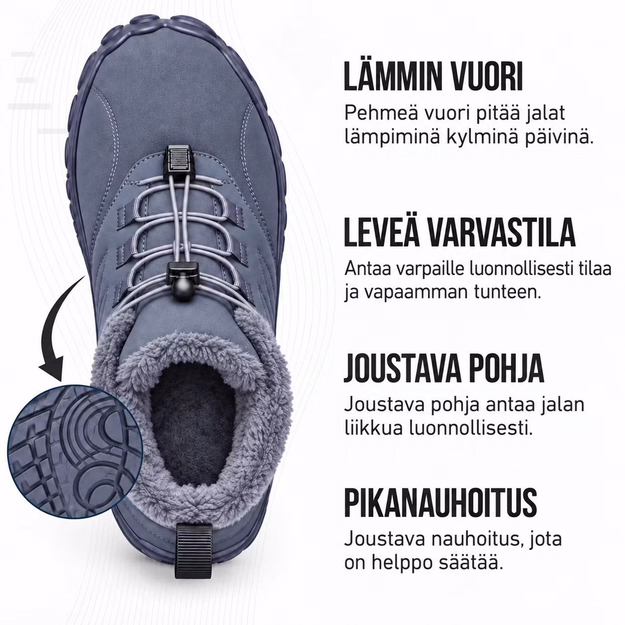 Paljasjalkakengät harmaat (syksy/talvi)