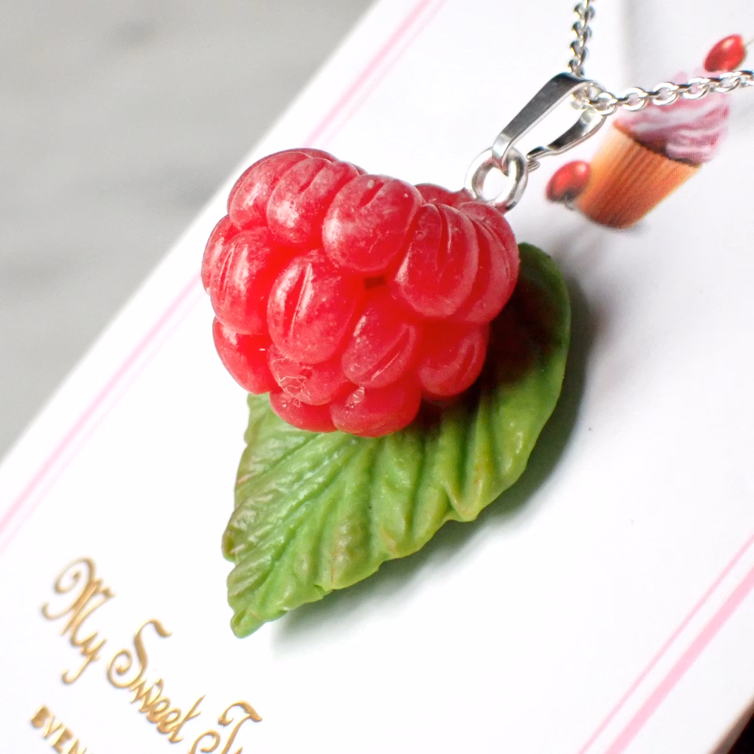 Himbeeren mit Blättern - Halskette Silber/Gold