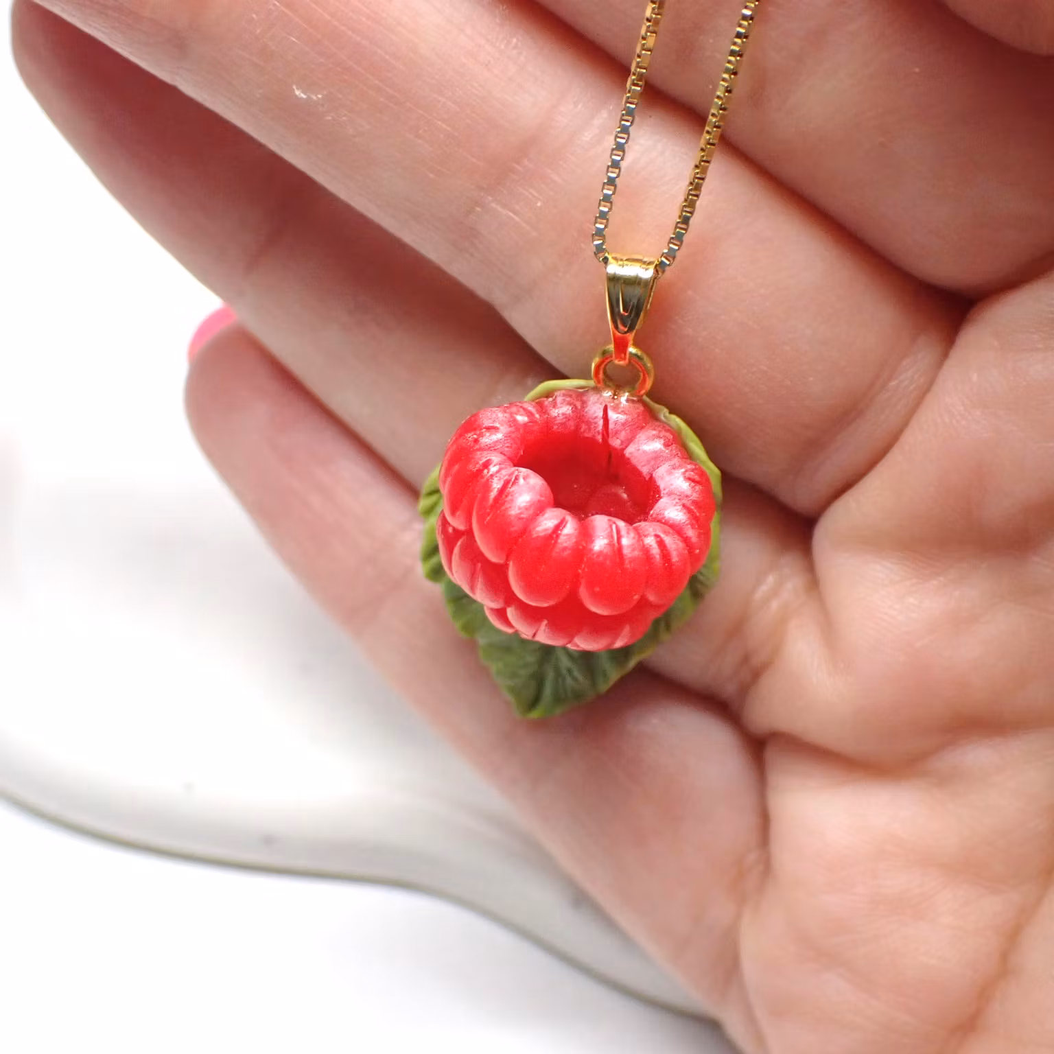 Himbeeren mit Blättern - Halskette Silber/Gold