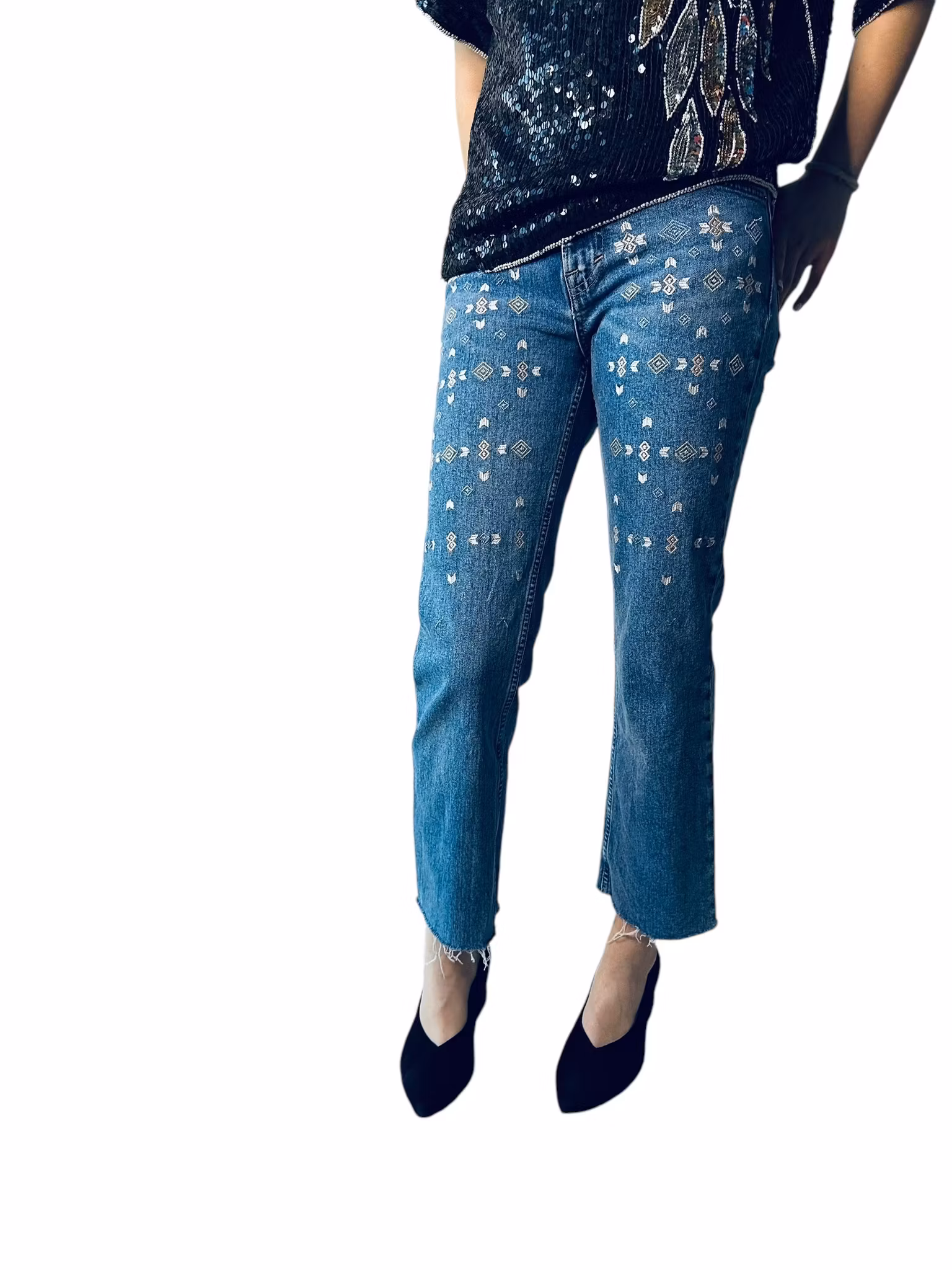 Jeans med bohemiska broderier