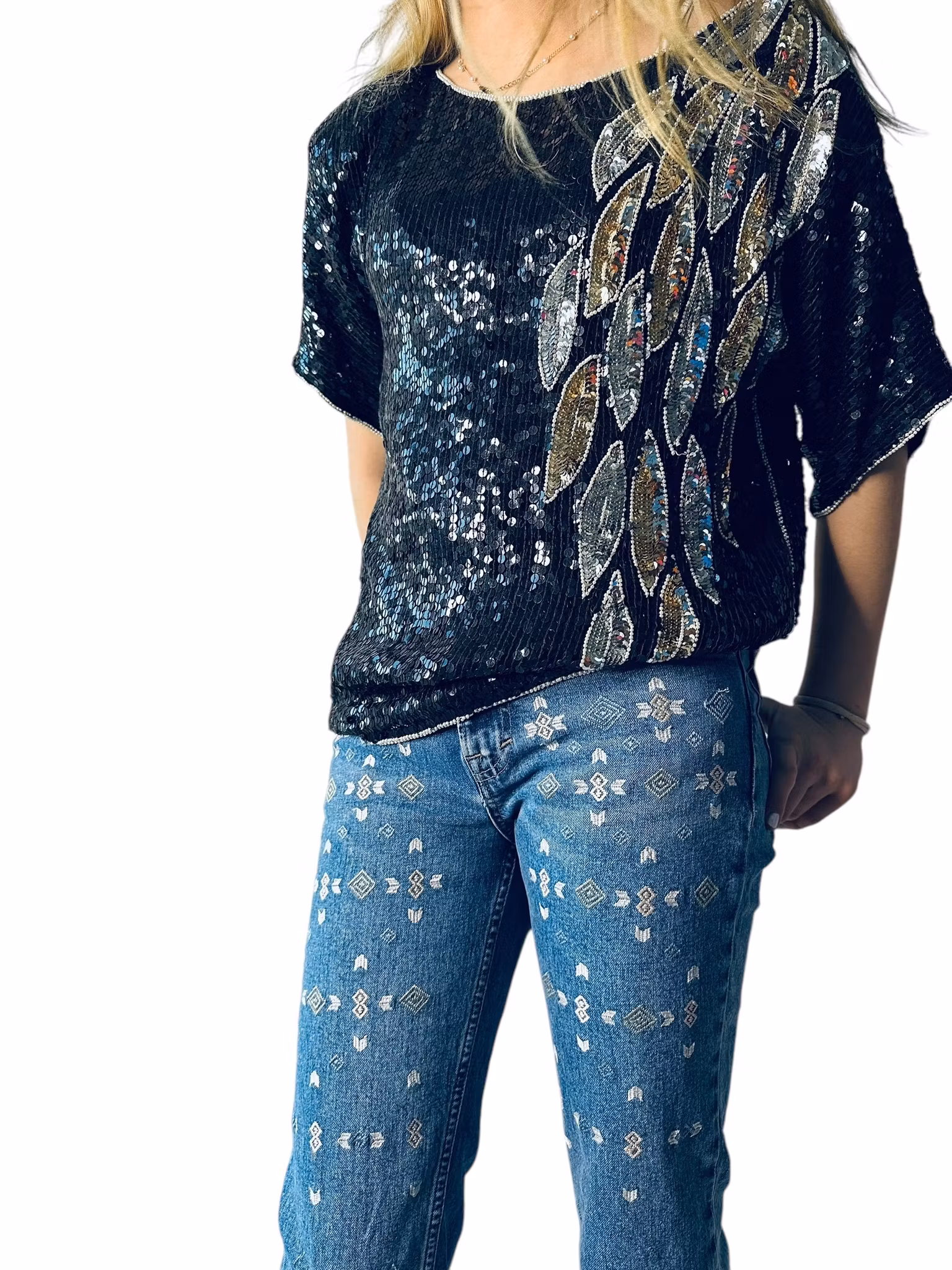 Jeans med bohemiska broderier