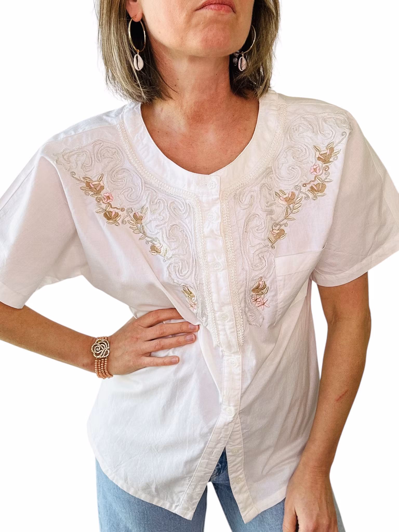 Vintage bomullsblus med broderier