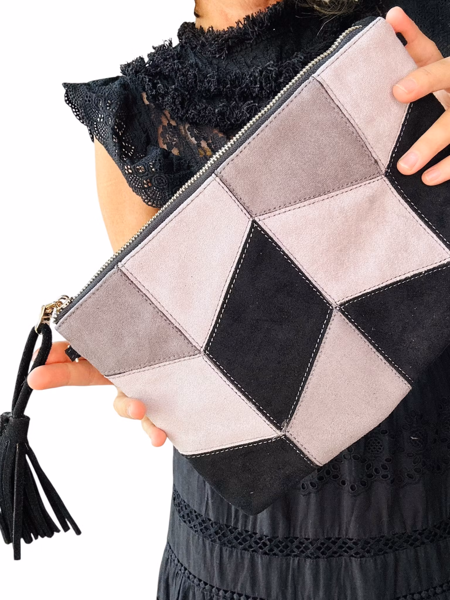 Grå clutch i patchwork