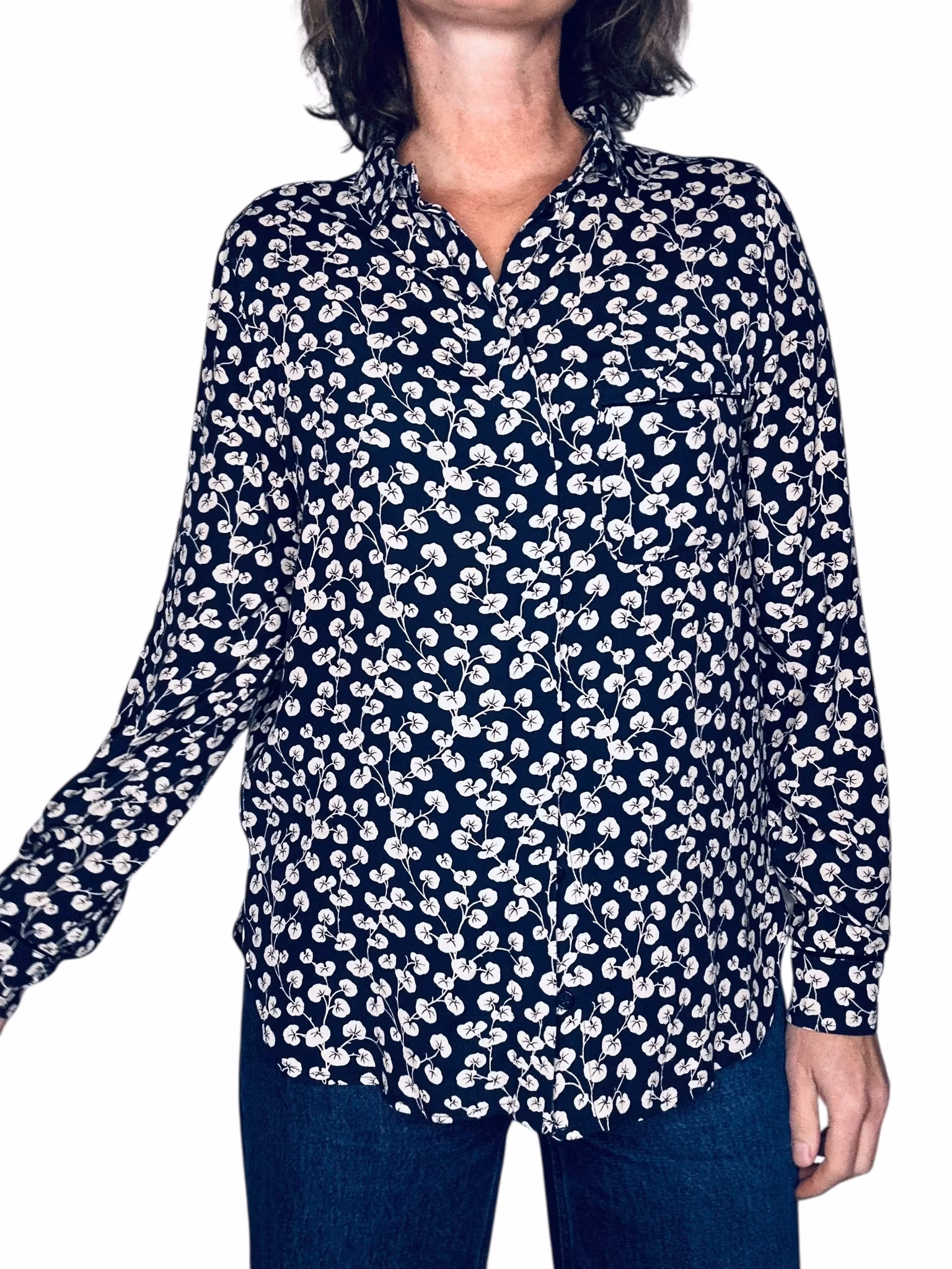 Ganni blå skjorta med vita blad