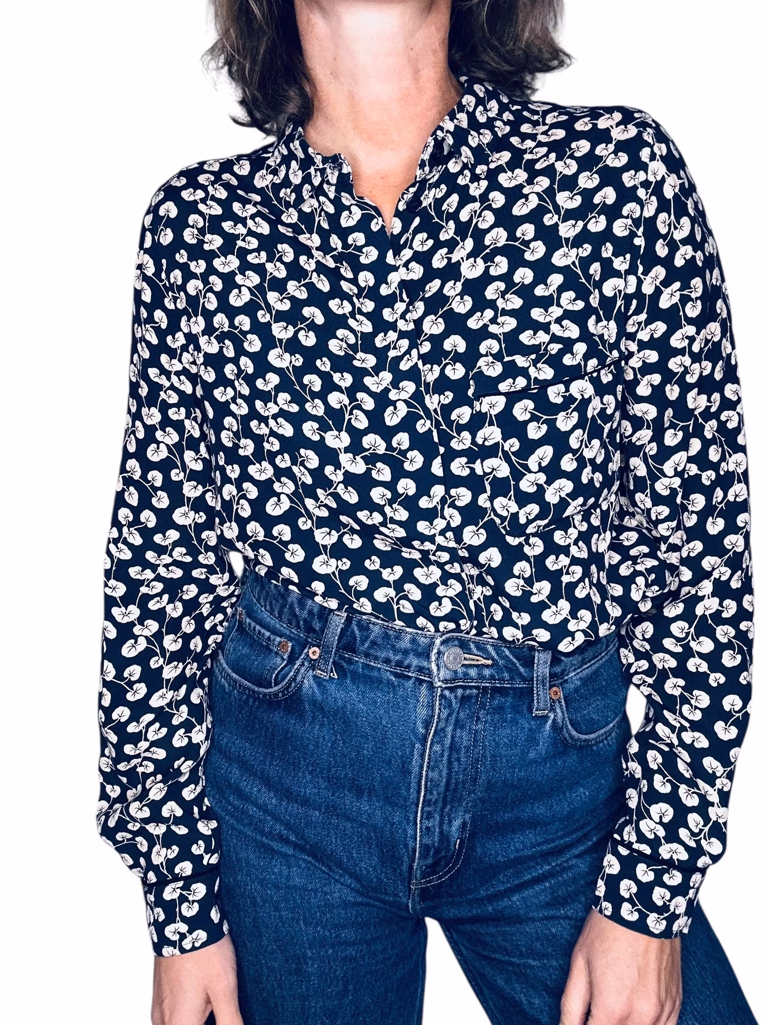 Ganni blå skjorta med vita blad