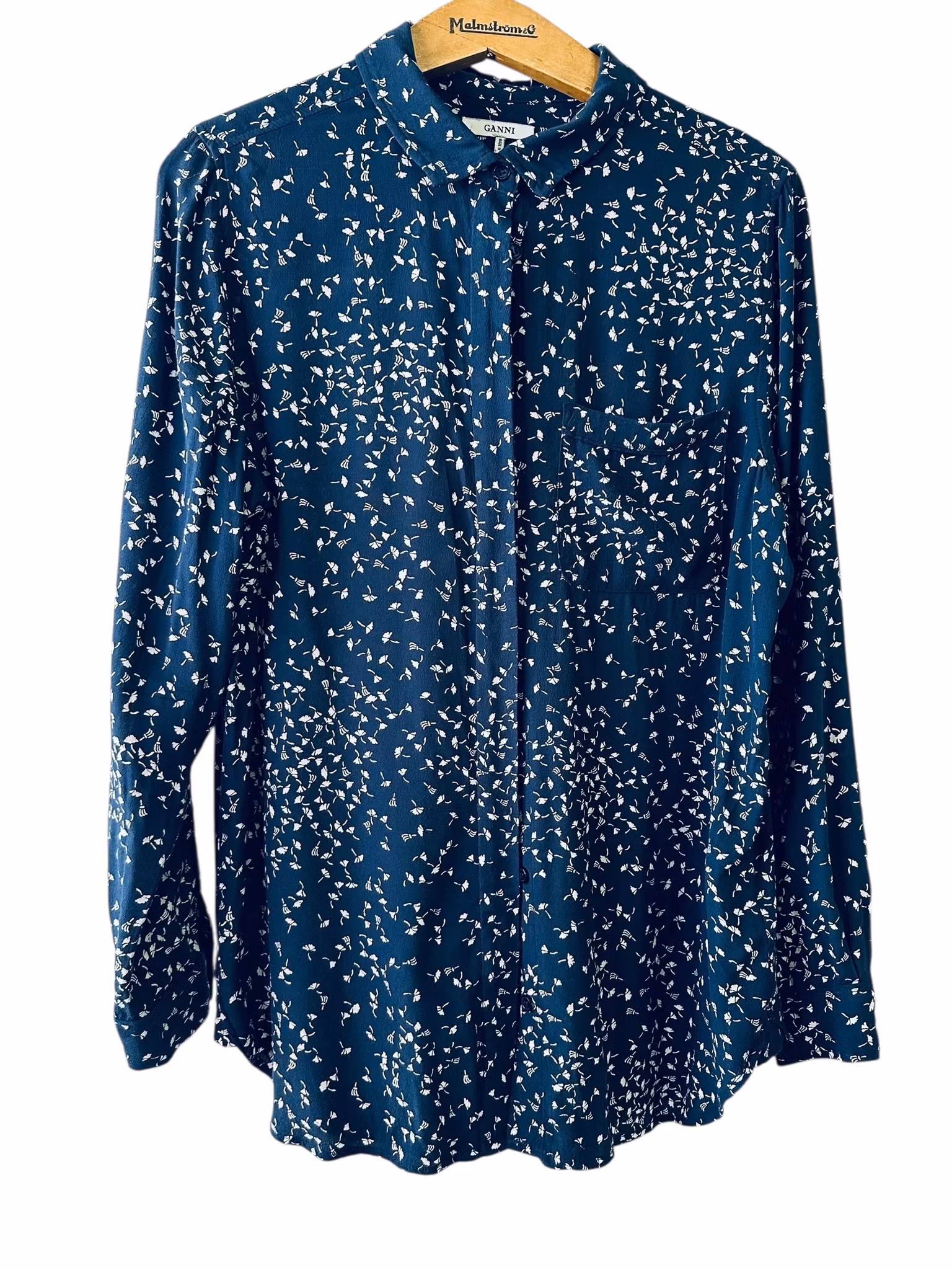 Ganni mörkblå skjorta med maskrosfrön