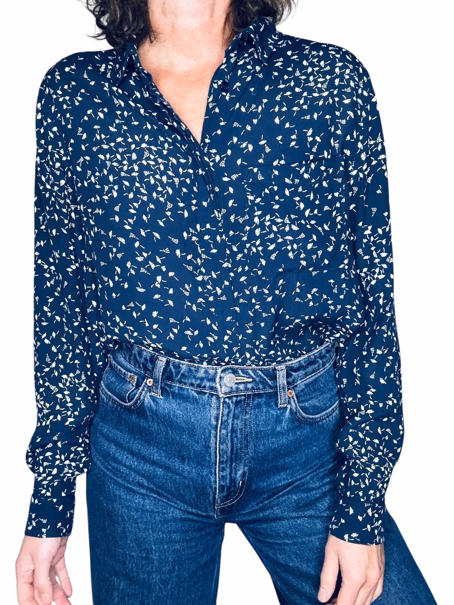 Ganni mörkblå skjorta med maskrosfrön