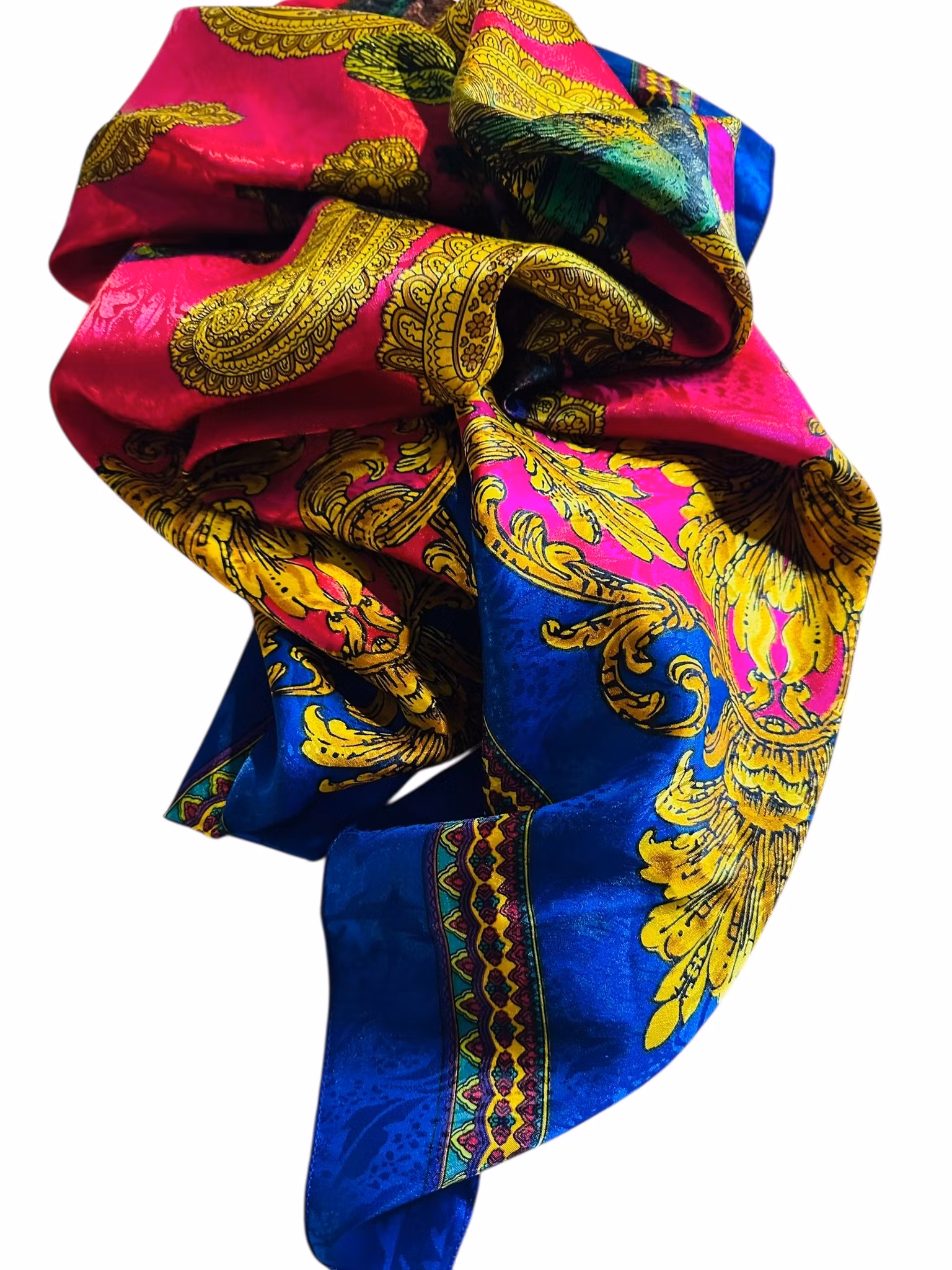 Vintage sidensjal i blått och rosa med fåglar