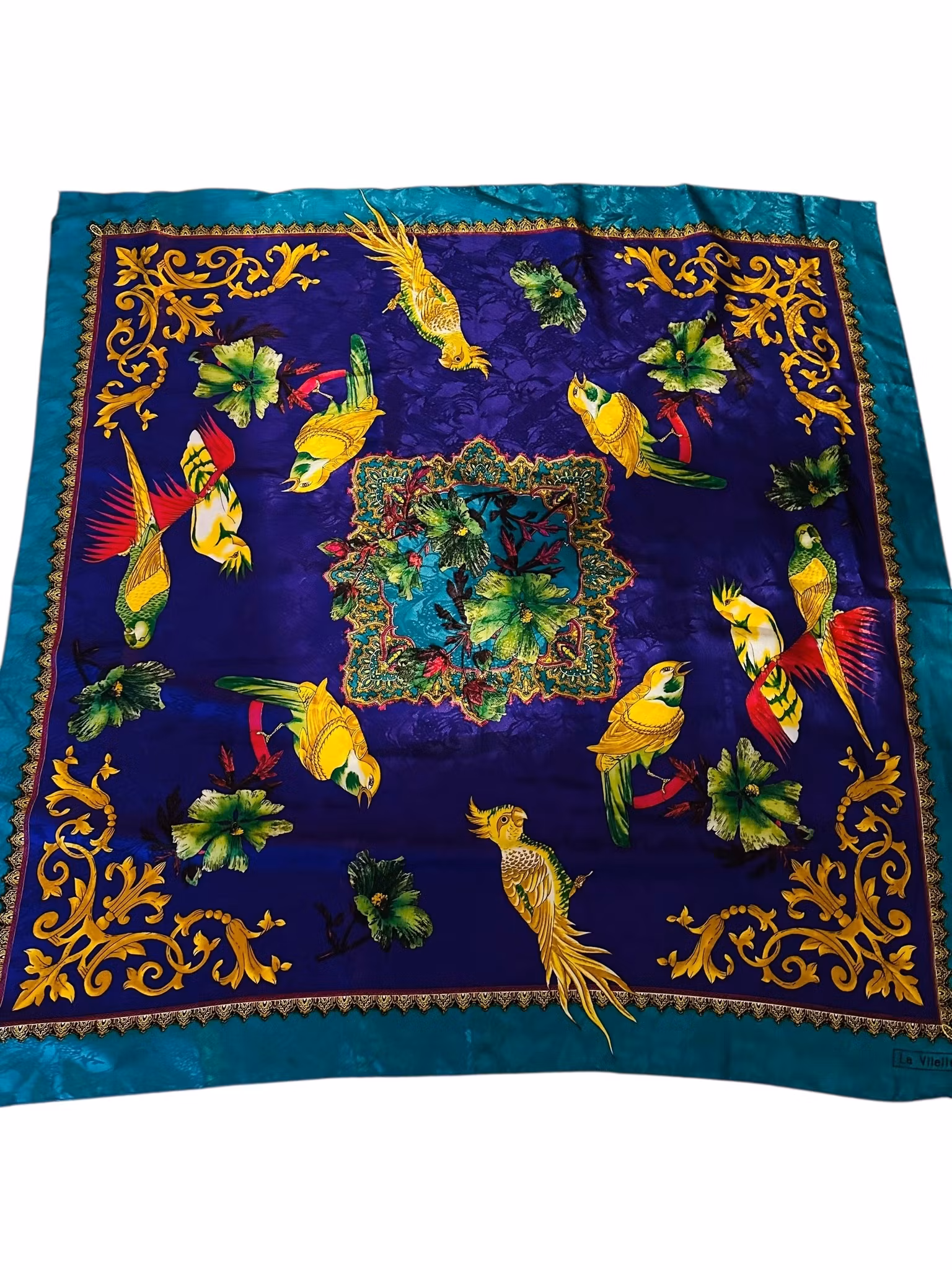 Vintage sidensjal i turkos och lila med fåglar