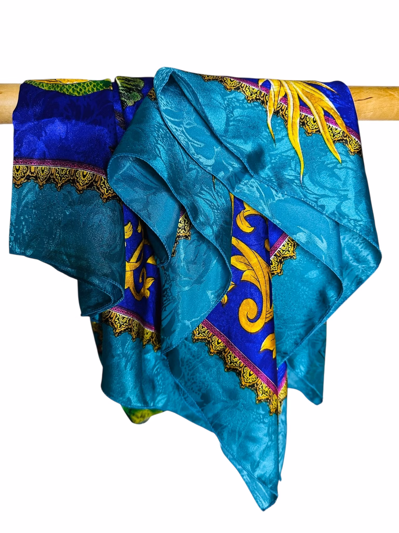 Vintage sidensjal i turkos och lila med fåglar