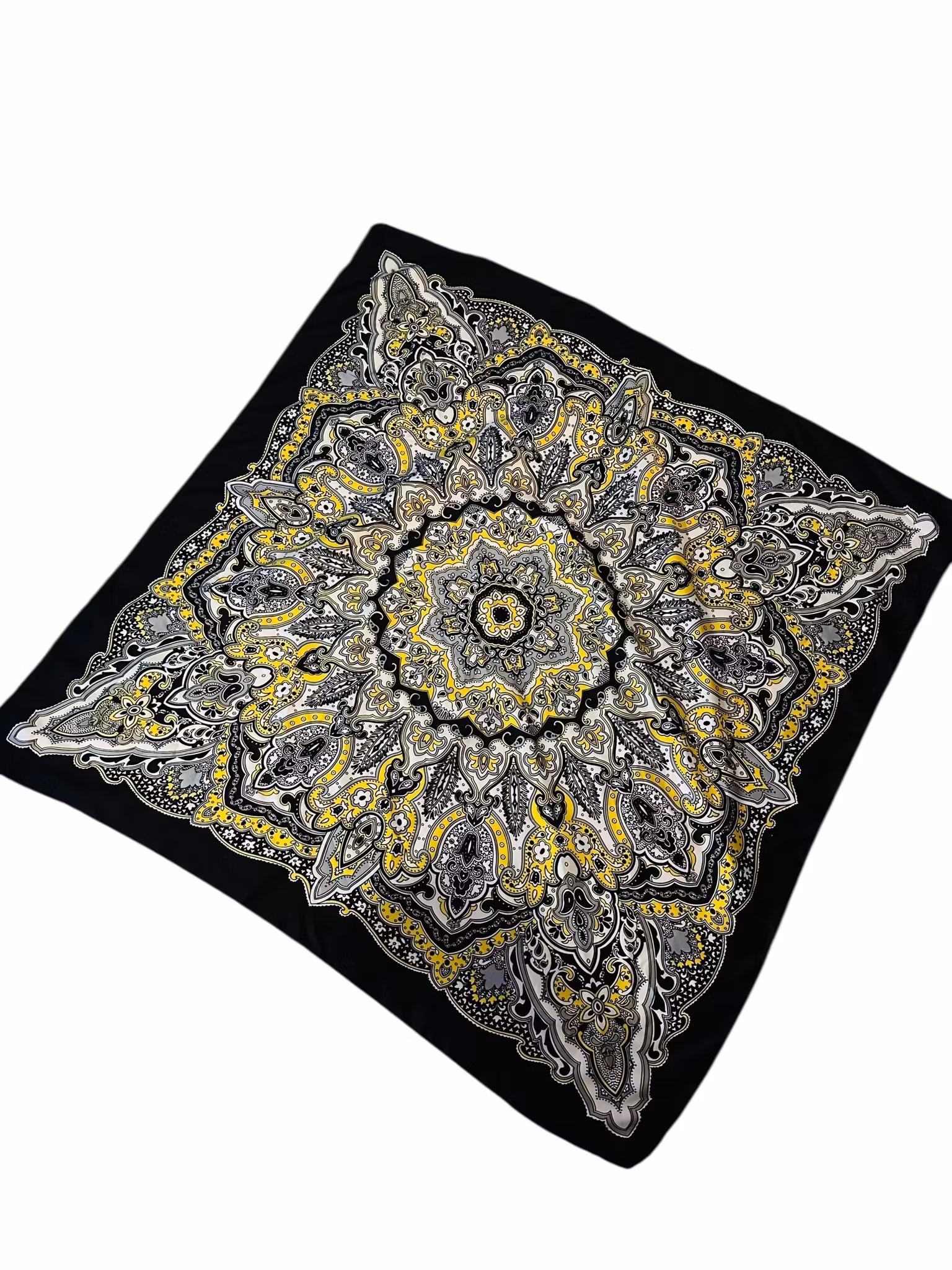 Vintage sidensjal i svart, gult och vitt