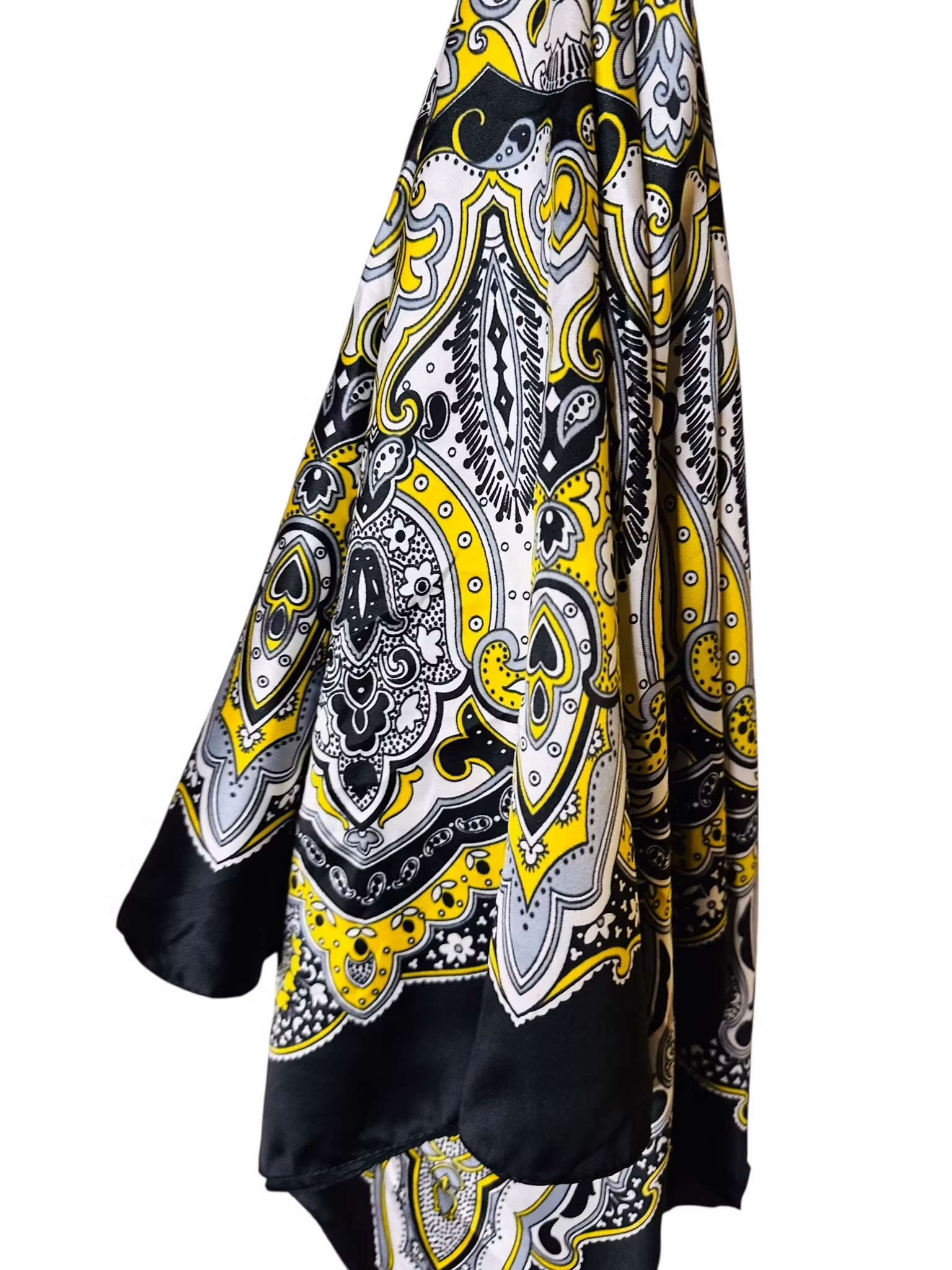 Vintage sidensjal i svart, gult och vitt