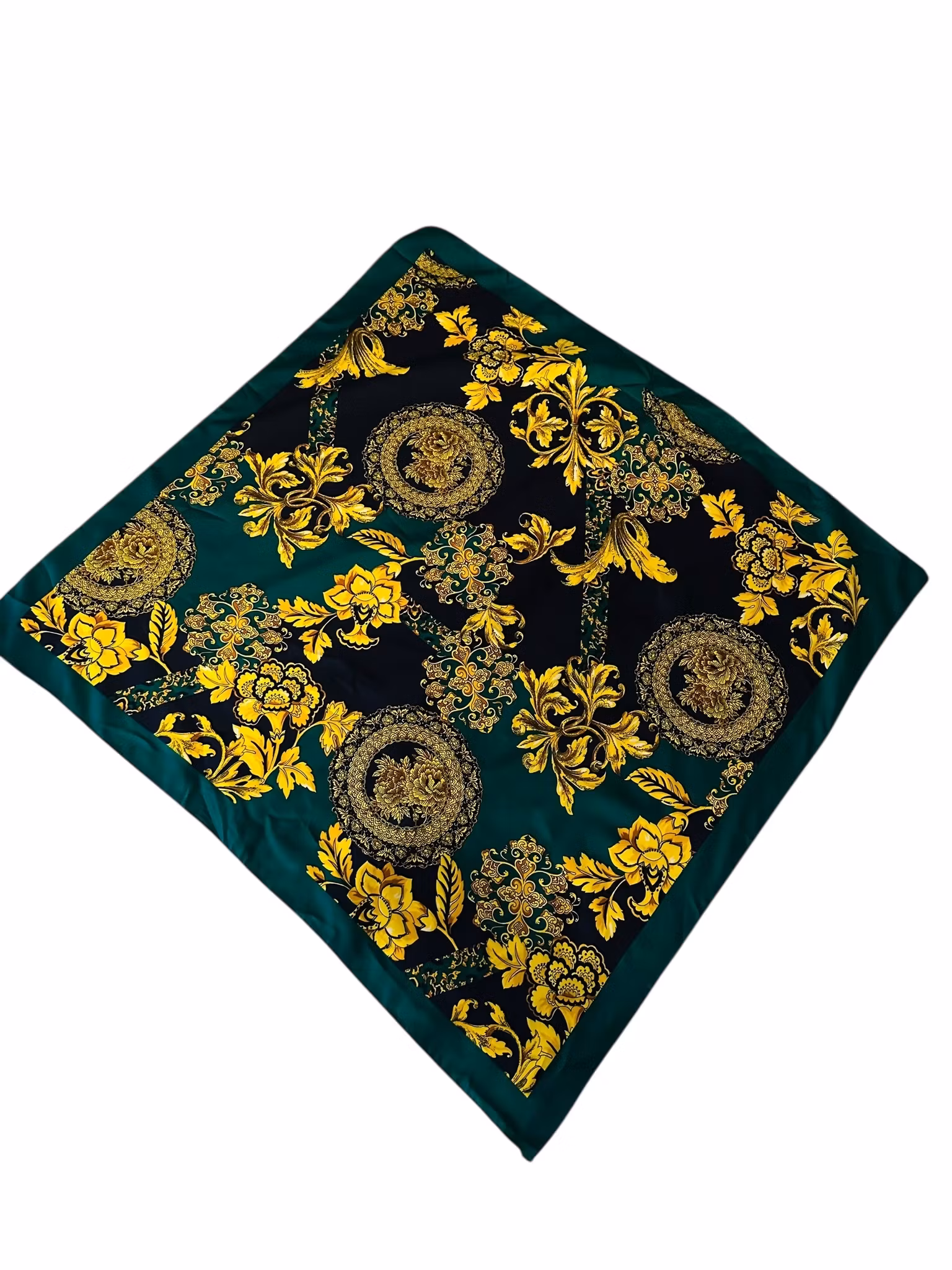 Vintage sidensjal i grönt, svart och guld