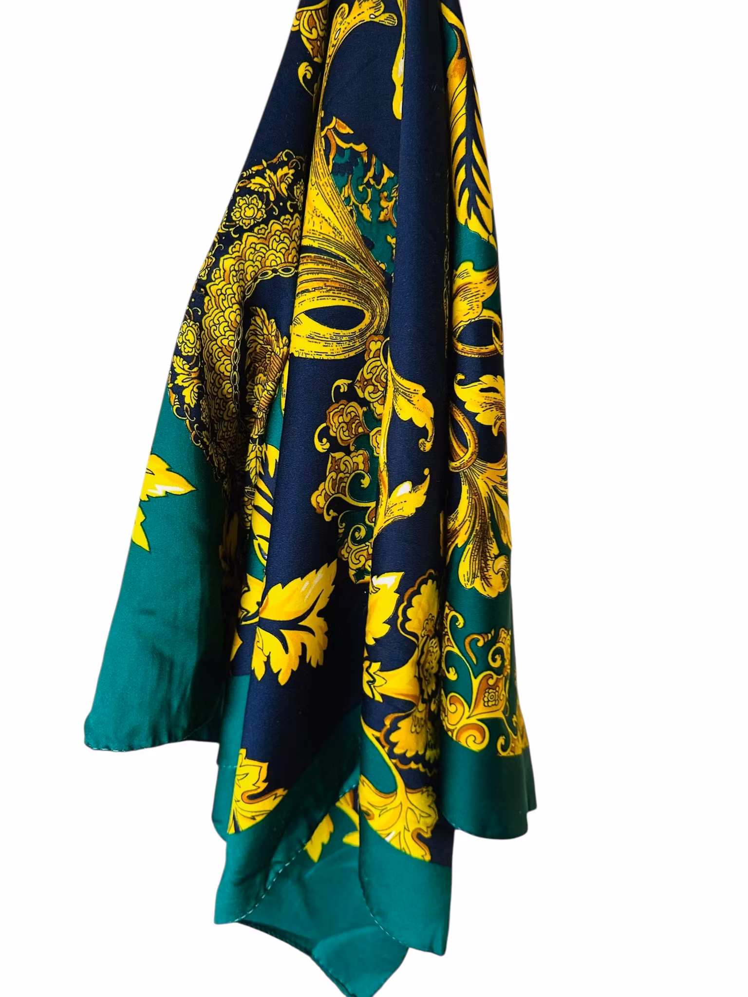 Vintage sidensjal i grönt, svart och guld