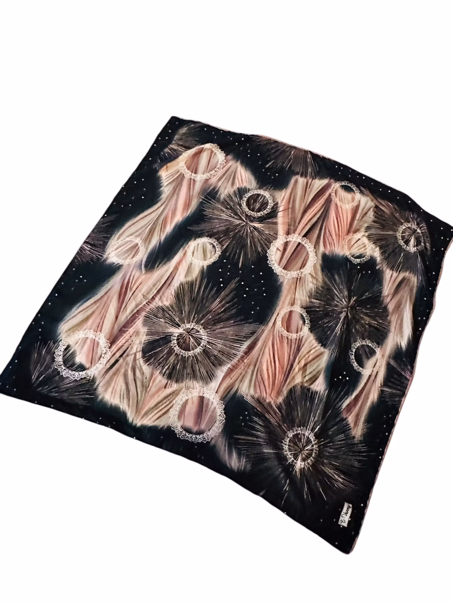 Vintage sidensjal i svart, vitt och rosa