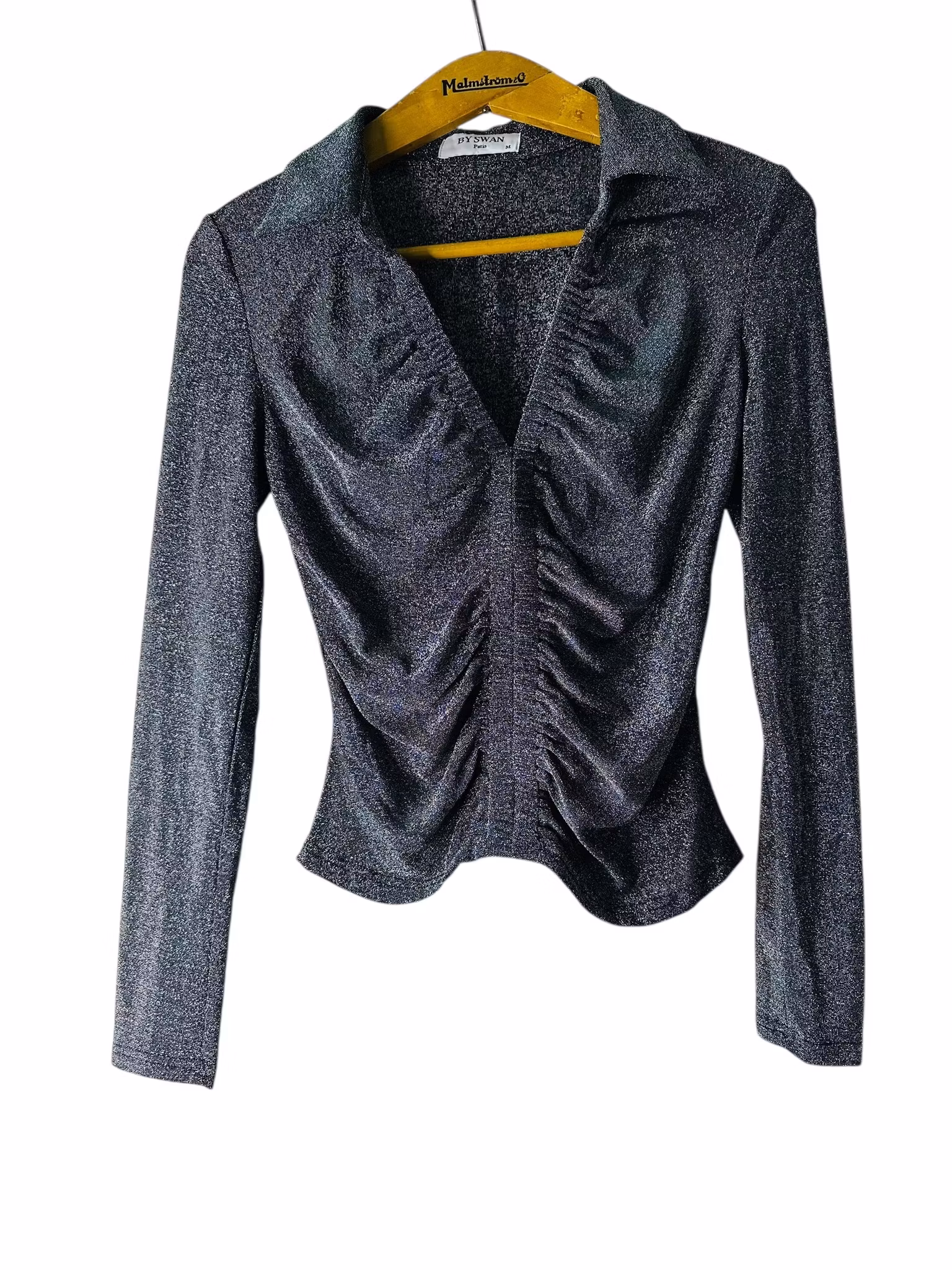 Tajt glittrig topp med rysch och krage