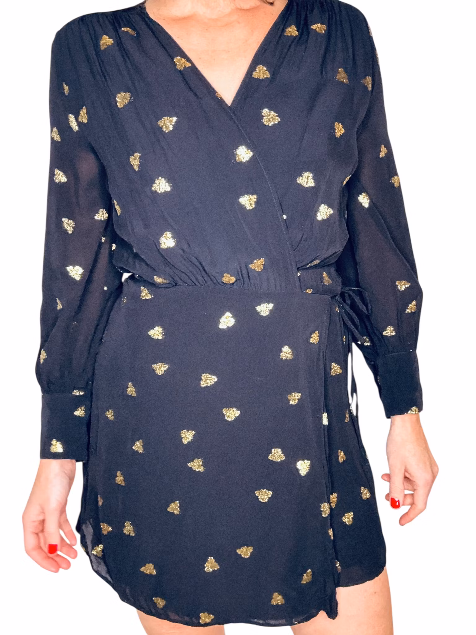 Omlottklänning med guldiga bin