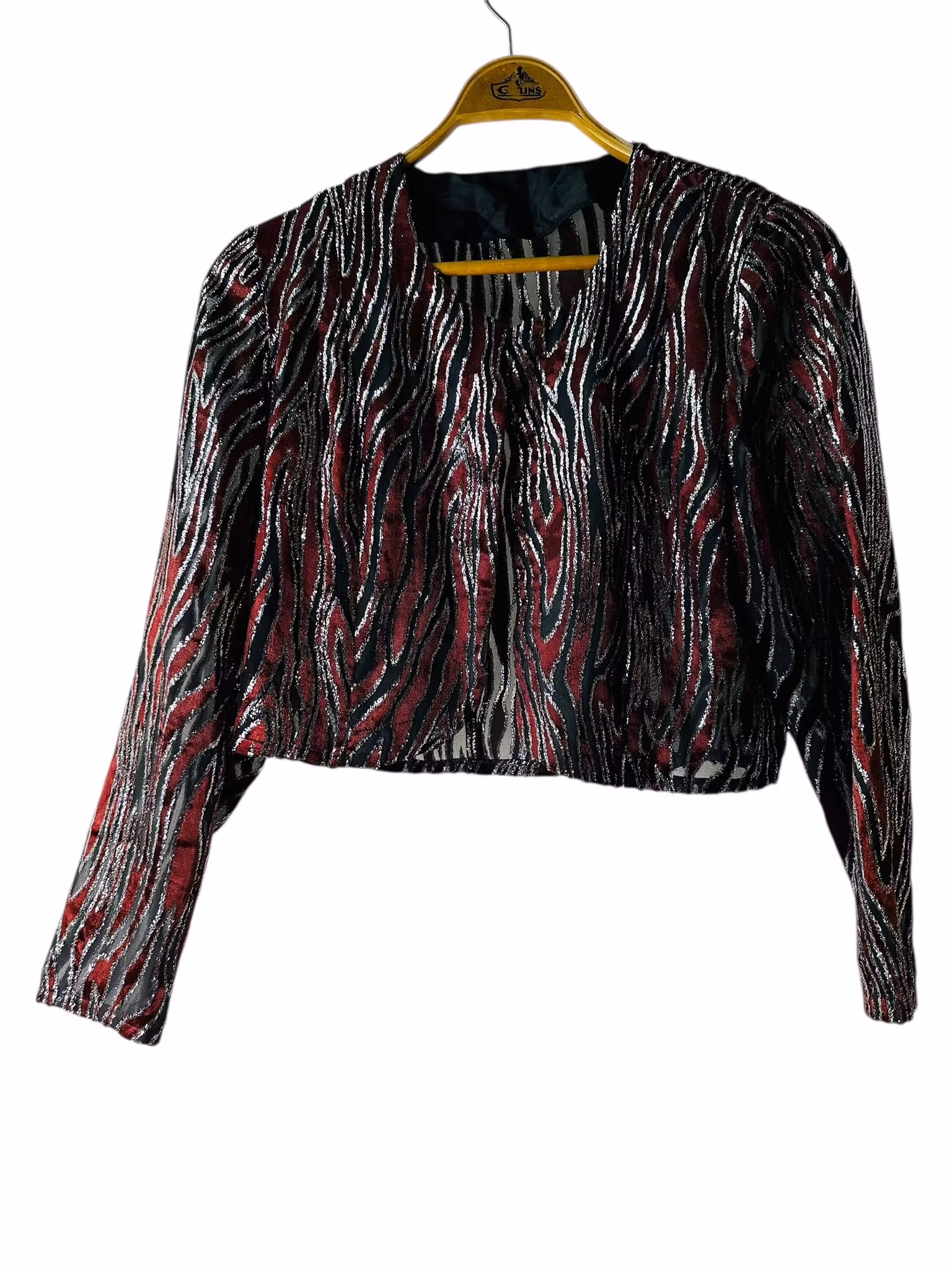 Zebrarandig bolero i silver och vinrött