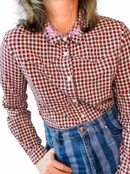 Rutig fransk blus med broderad krage