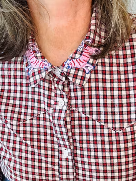 Rutig fransk blus med broderad krage