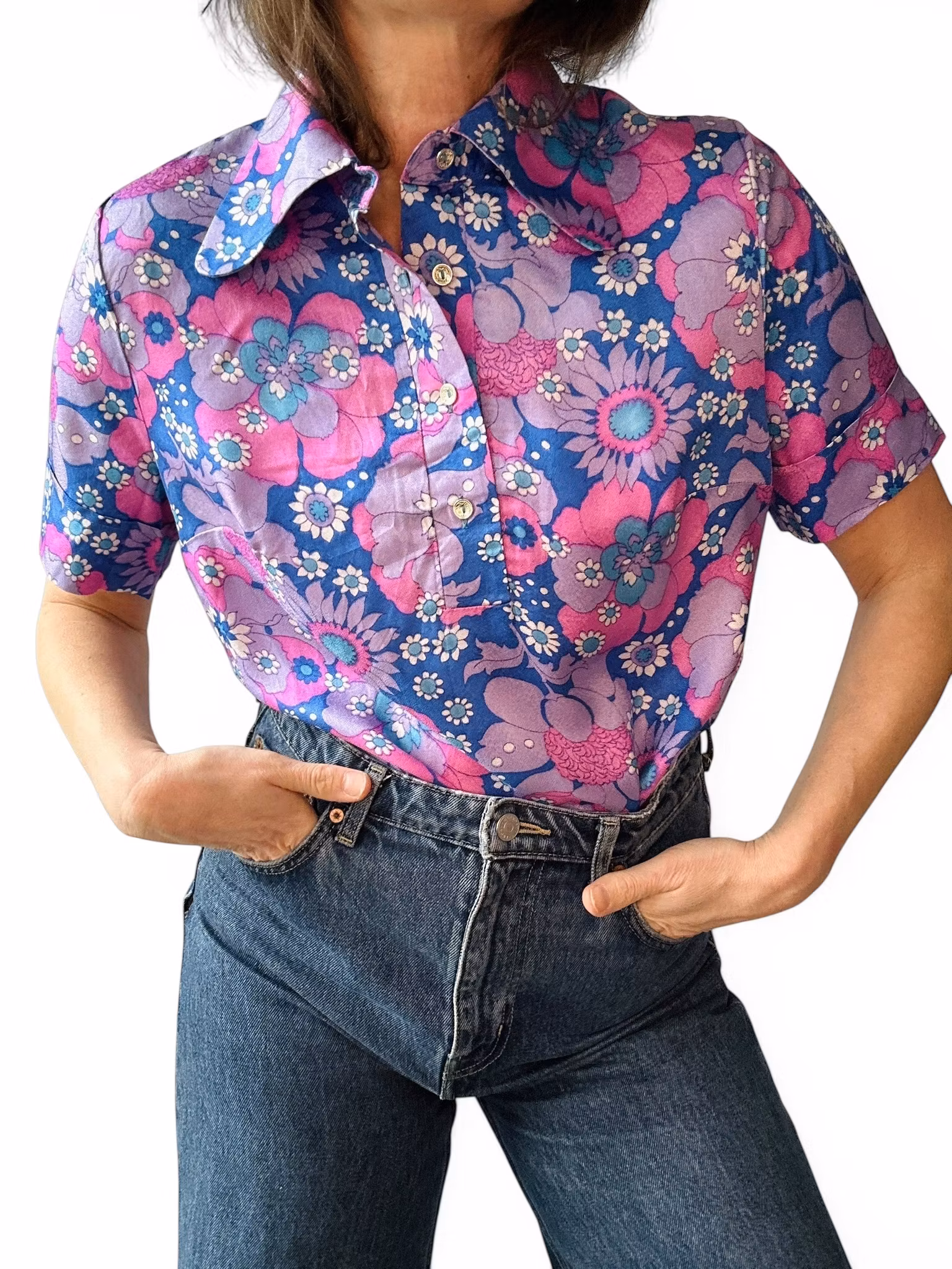 Vintage färgglad topp med rundad krage