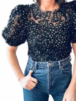 Svart topp med 3D-blommor och guld