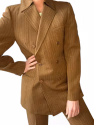 Vintage kanelfärgad kritstrecksrandig kostym