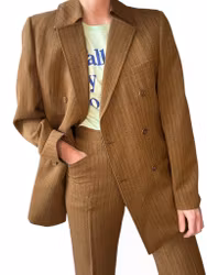 Vintage kanelfärgad kritstrecksrandig kostym