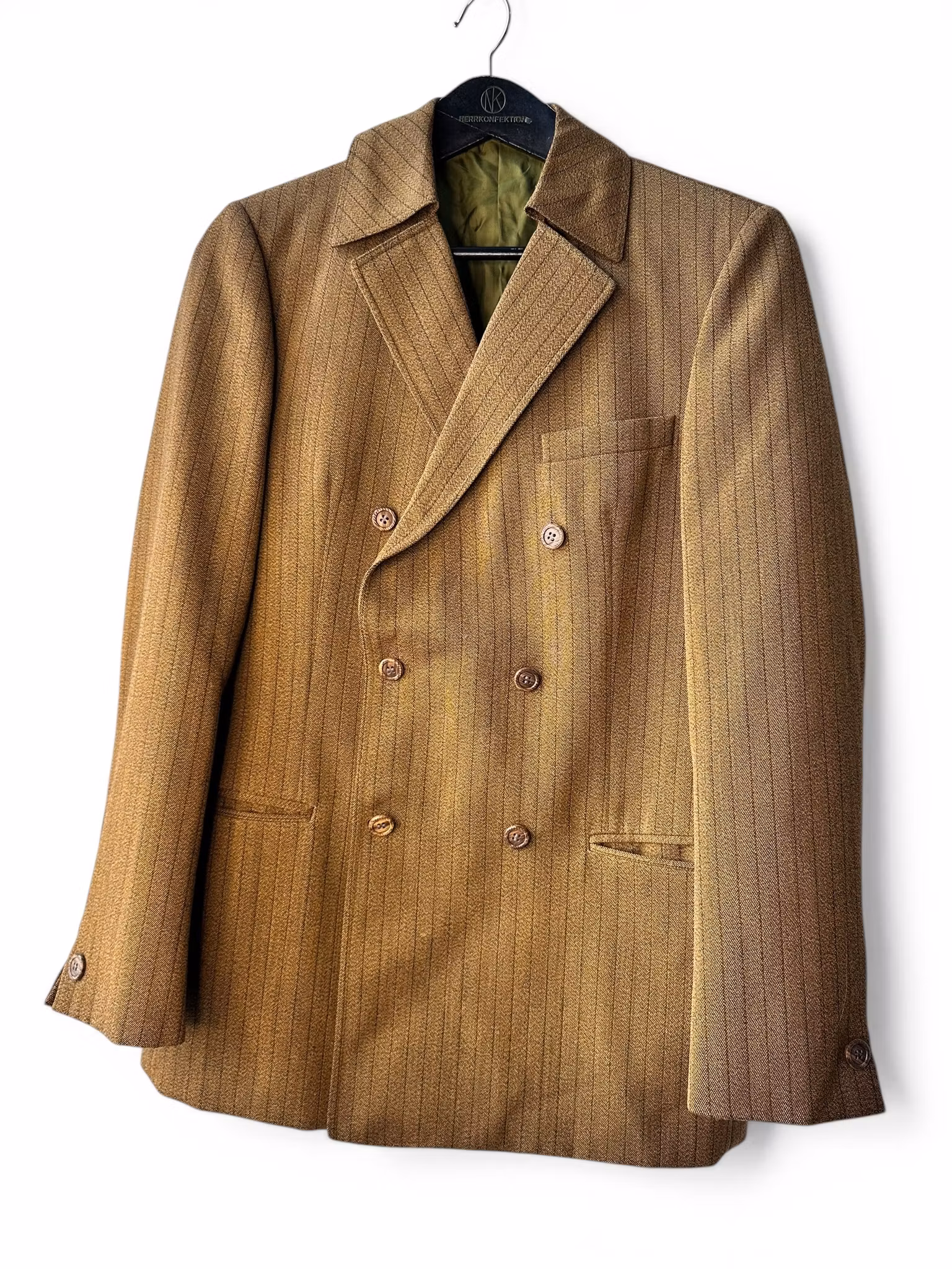 Vintage kanelfärgad kritstrecksrandig kostym