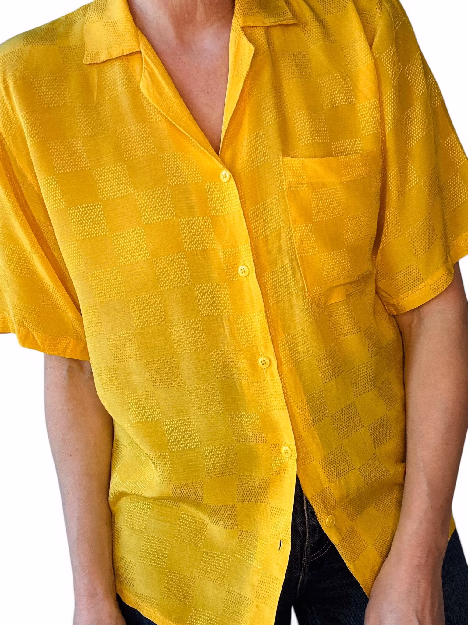 Vintage gul blus i mönstervävd viskos